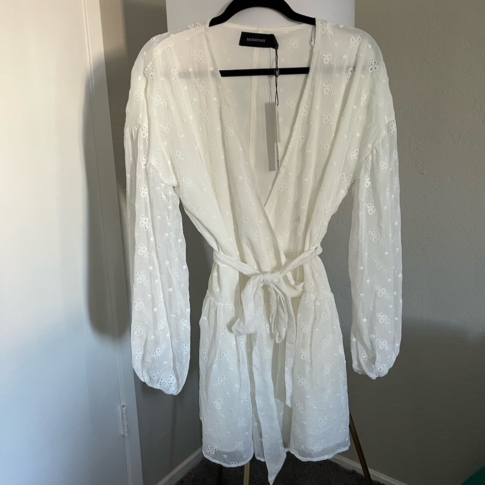 Long sleeve drop waist white dress